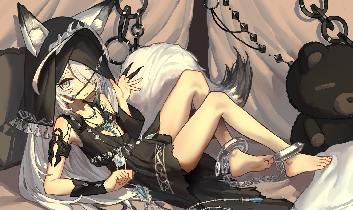 animal_ears, barefoot, bed, bondage, chain, dress, fang, headdress