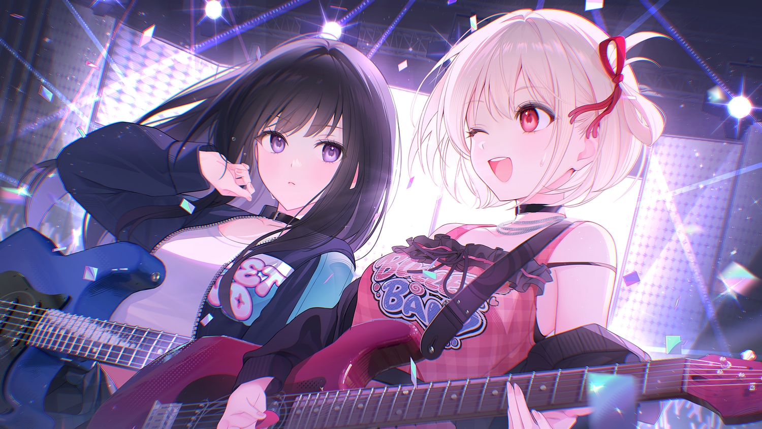 2girls, black_hair, blonde_hair, close, collar, goddess_of_victory:_nikke, guitar, inoue_takina