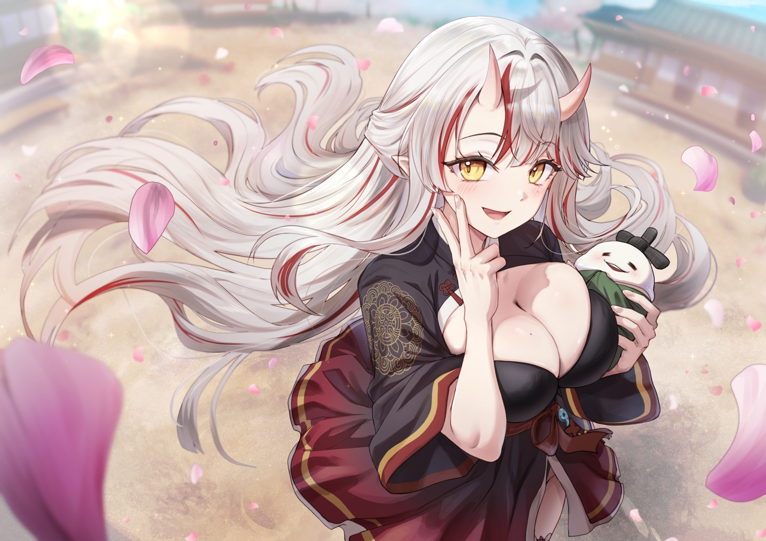 blush, bow, breasts, building, cleavage, close, demon, gray_hair