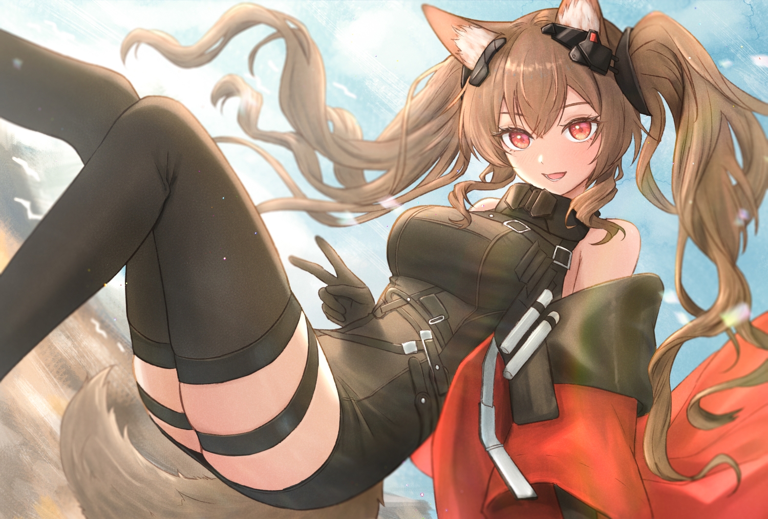 angelina_(arknights), animal_ears, arknights, arknights:_endfield, blush, brown_hair, foxgirl, garter, gilberta_(arknights:_endfield), gloves, long_hair, red_eyes, runyo_(yale12312), sky, tail, thighhighs, twintails