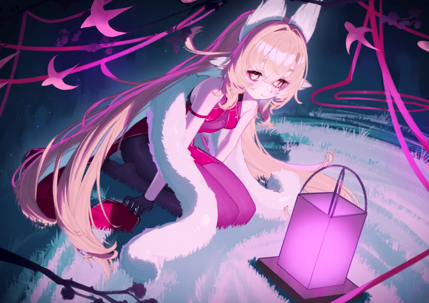 blonde_hair, chinese_clothes, chinese_dress, dress, gloves, grass, long_hair, mosou_keito