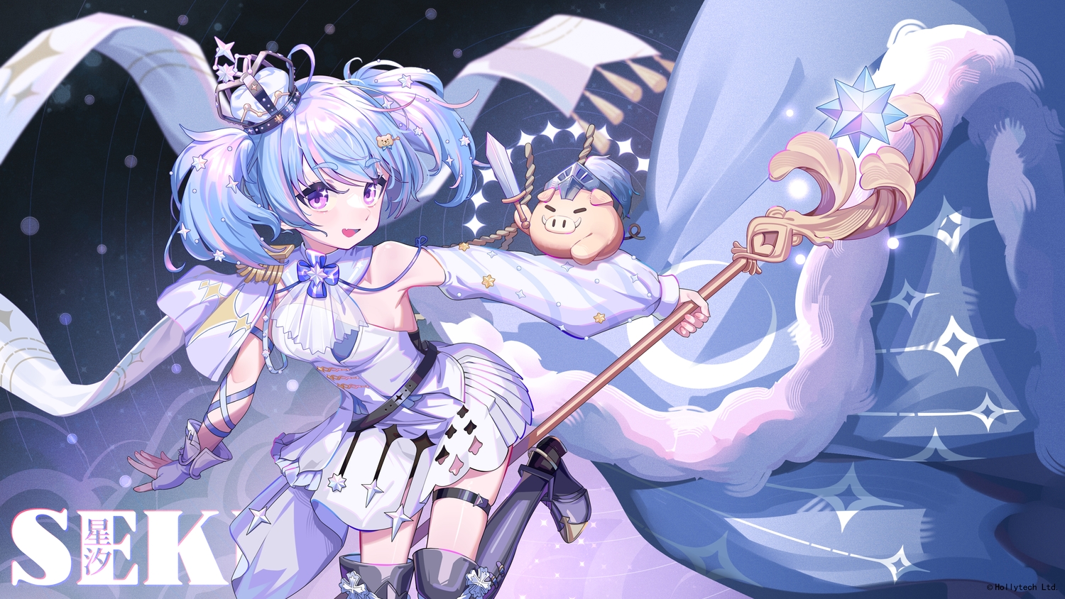 animal, armor, blue_hair, boots, bow, crown, dress, fang