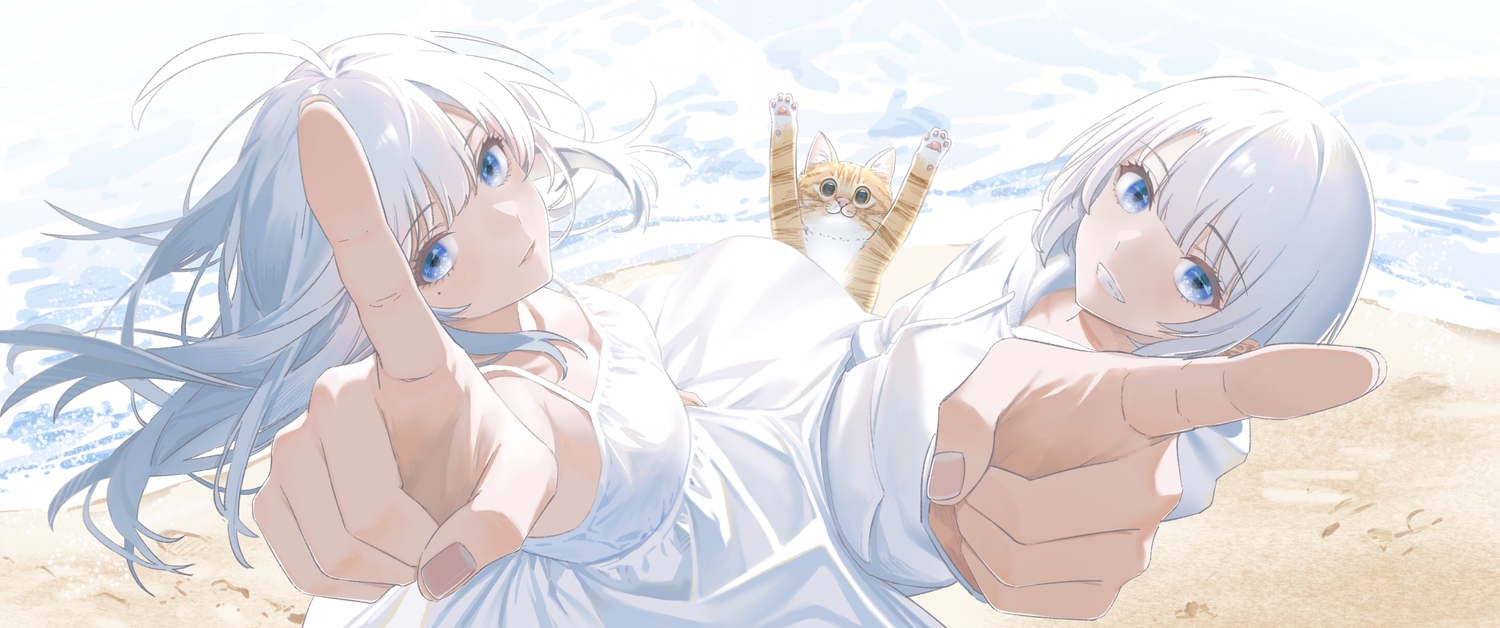 2girls, animal, beach, blue_eyes, cat, dress, hood, long_hair