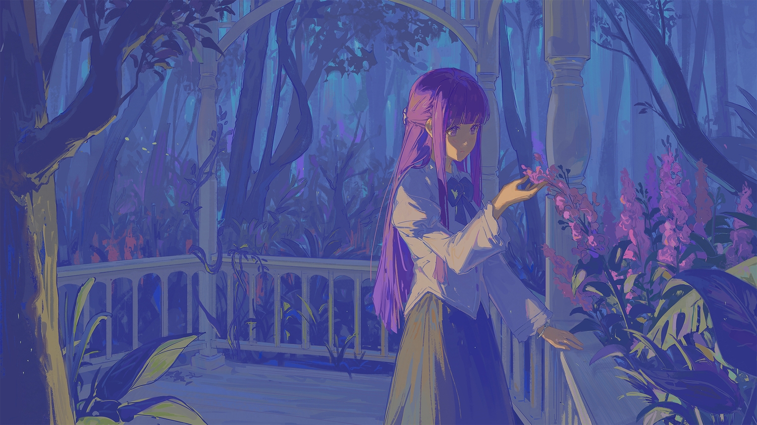 bow, fern_(sousou_no_frieren), flowers, forest, hano_1219, leaves, long_hair, purple_eyes