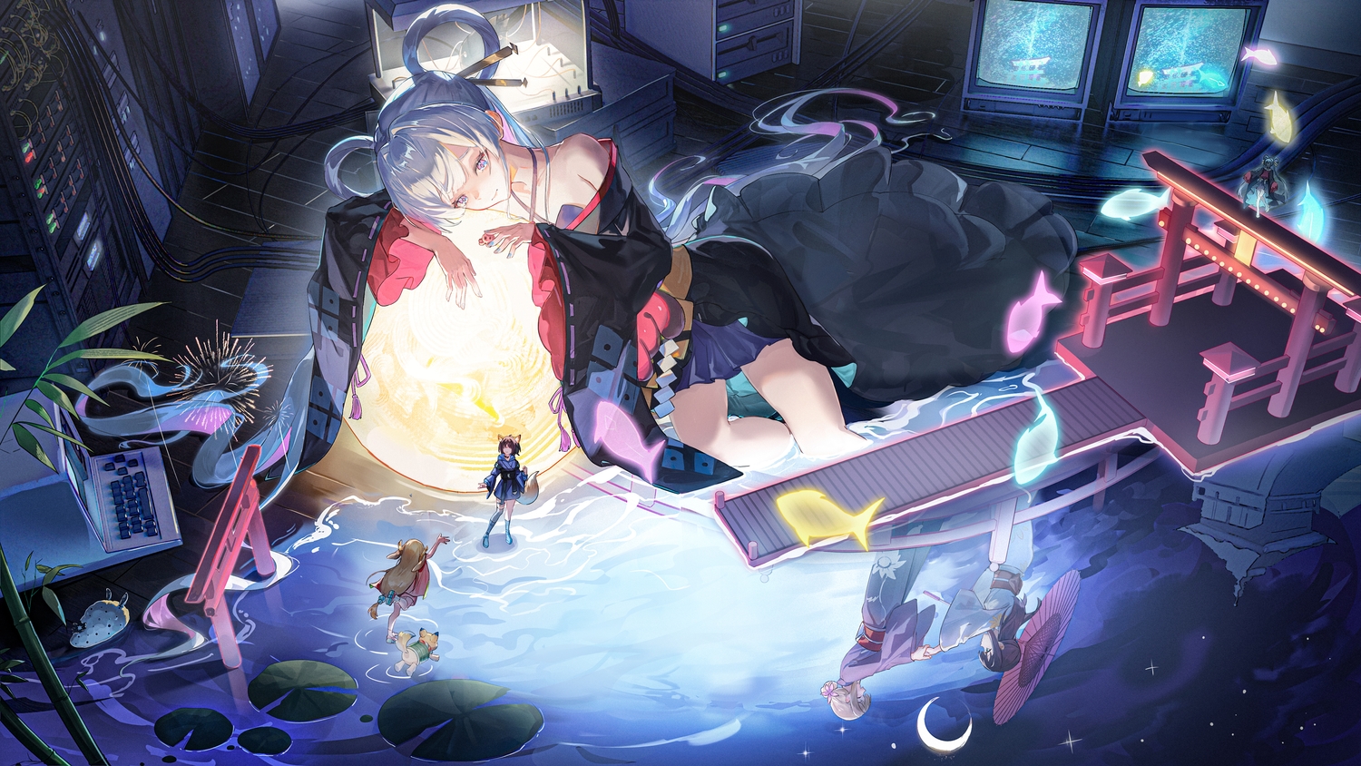 aliasing, animal, animal_ears, aqua_eyes, black_hair, blonde_hair, blush, boots