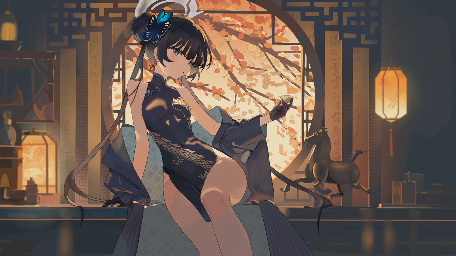 ankry, black_hair, blue_archive, chinese_clothes, chinese_dress, dress, gloves, gray_eyes, halo, long_hair, ryuuge_kisaki, twintails