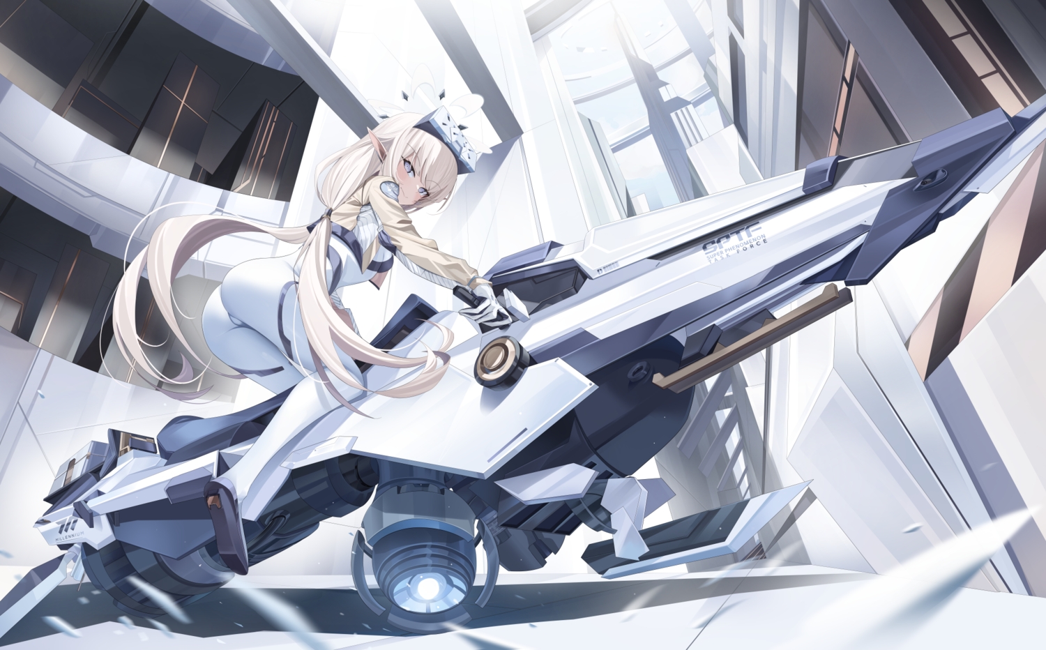 akeboshi_himari, aliasing, ass, blue_archive, bodysuit, building, goggles, gray_eyes, halo, kuwa_za, long_hair, motorcycle, pointed_ears, skintight, twintails, white_hair