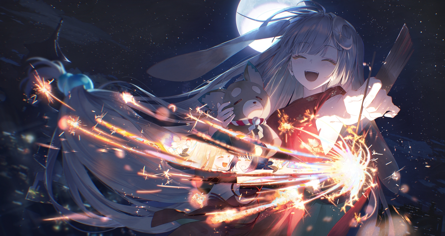 animal, animal_ears, blonde_hair, building, cho_kaguya-hime!, city, clouds, dog