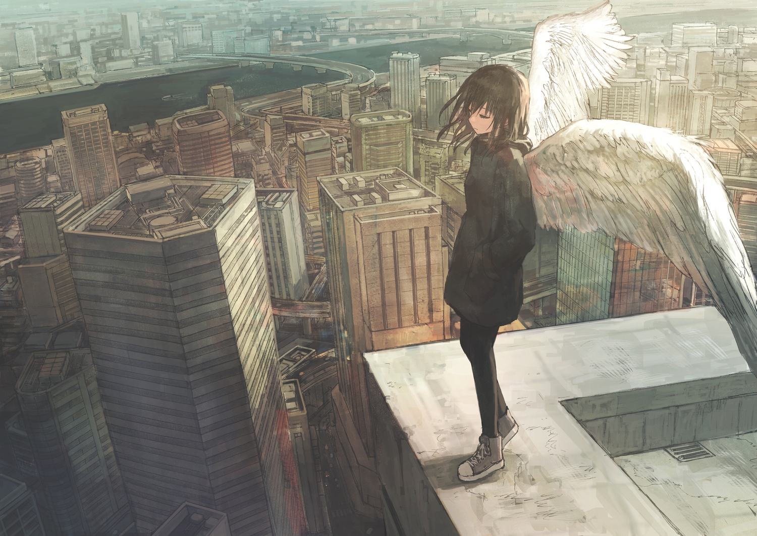 angel, brown_hair, building, city, hood, long_hair, original, rooftop
