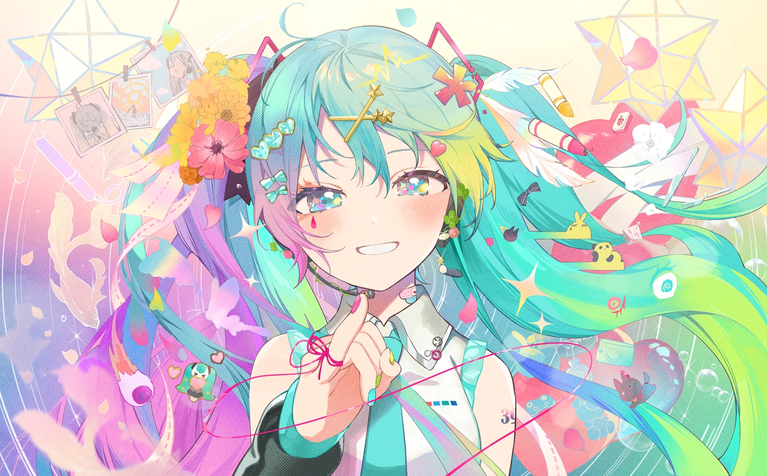aqua_eyes, aqua_hair, blush, close, feathers, flowers, hatsune_miku, headphones, heart, long_hair, microphone, omutatsu, tattoo, tie, twintails, vocaloid