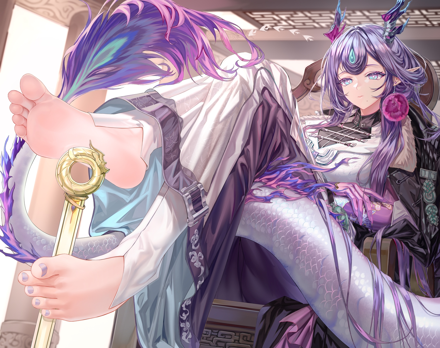 aqua_eyes, arknights, barefoot, horns, jun_(arknights), long_hair, pointed_ears, purple_hair, sword, tail, weapon, xo_(xo17800108)