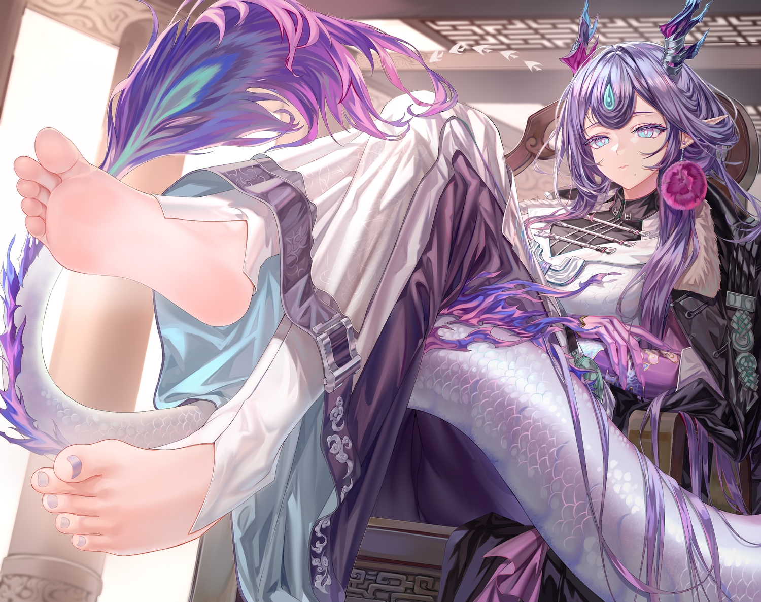 aqua_eyes, arknights, barefoot, horns, jun_(arknights), long_hair, pointed_ears, purple_hair, tail, xo_(xo17800108)