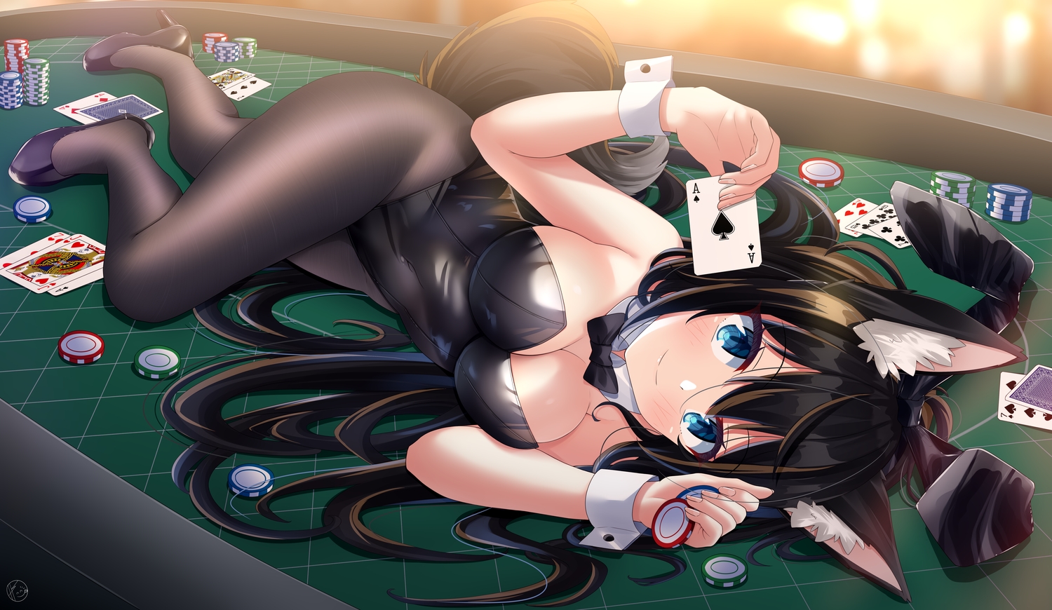animal_ears, aqua_eyes, black_hair, blush, breasts, bunny_ears, bunnygirl, cleavage, helvetica_5tandard, leotard, long_hair, original, pantyhose, signed, tail, wristwear