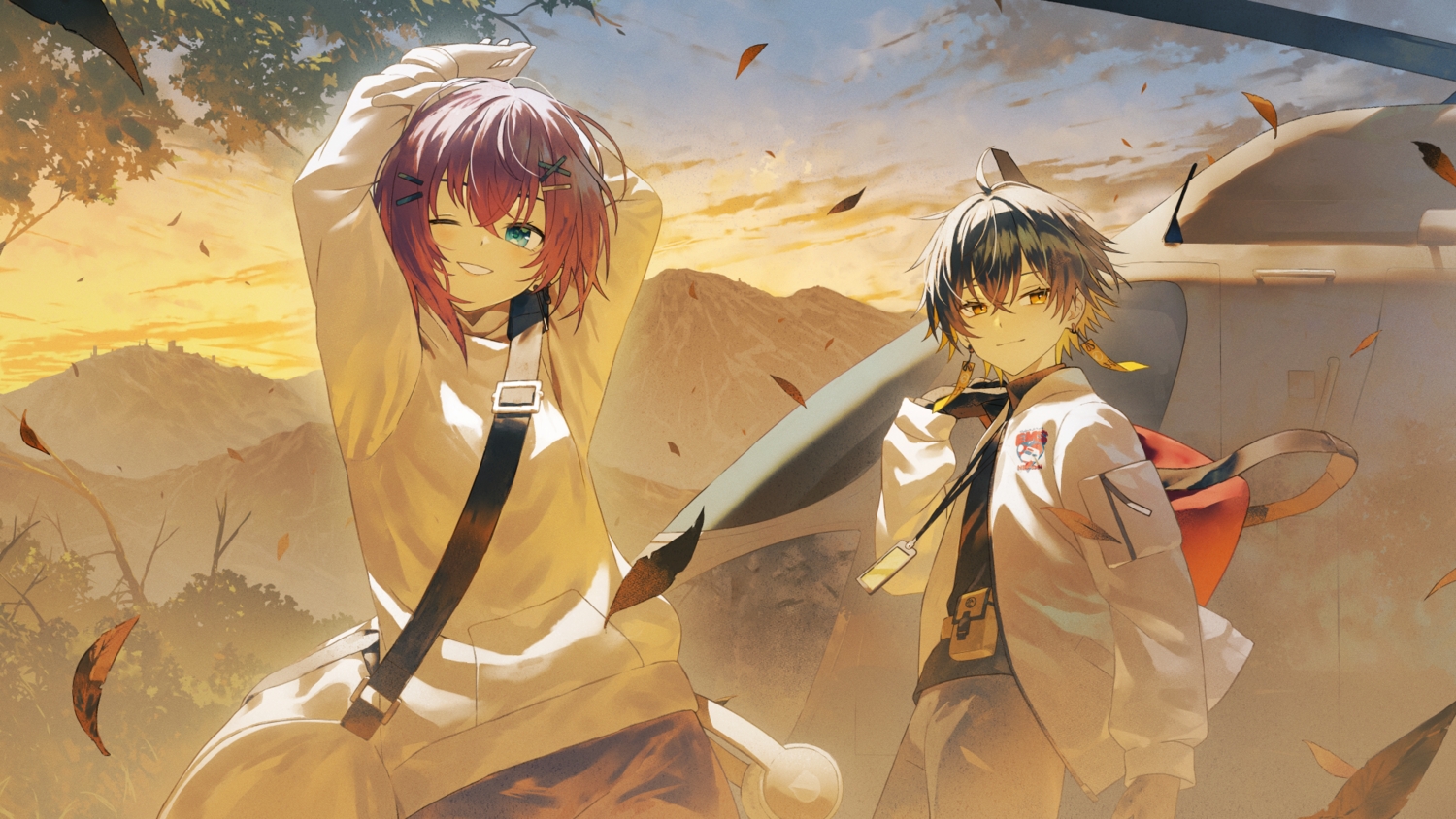 aqua_eyes, autumn, black_hair, blush, clouds, fagi_(kakikaki), gloves, headphones, hololive, kitami_ayumu, leaves, male, orange_eyes, palette_project, red_hair, short_hair, sky, wink, yatogami_fuma