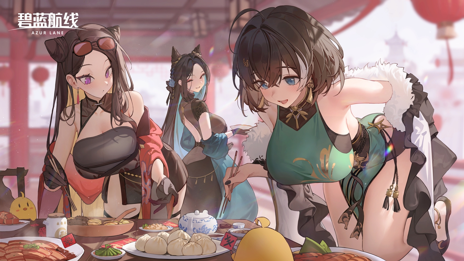 animal, anthropomorphism, azur_lane, bird, blush, brown_hair, chinese_clothes, chinese_dress