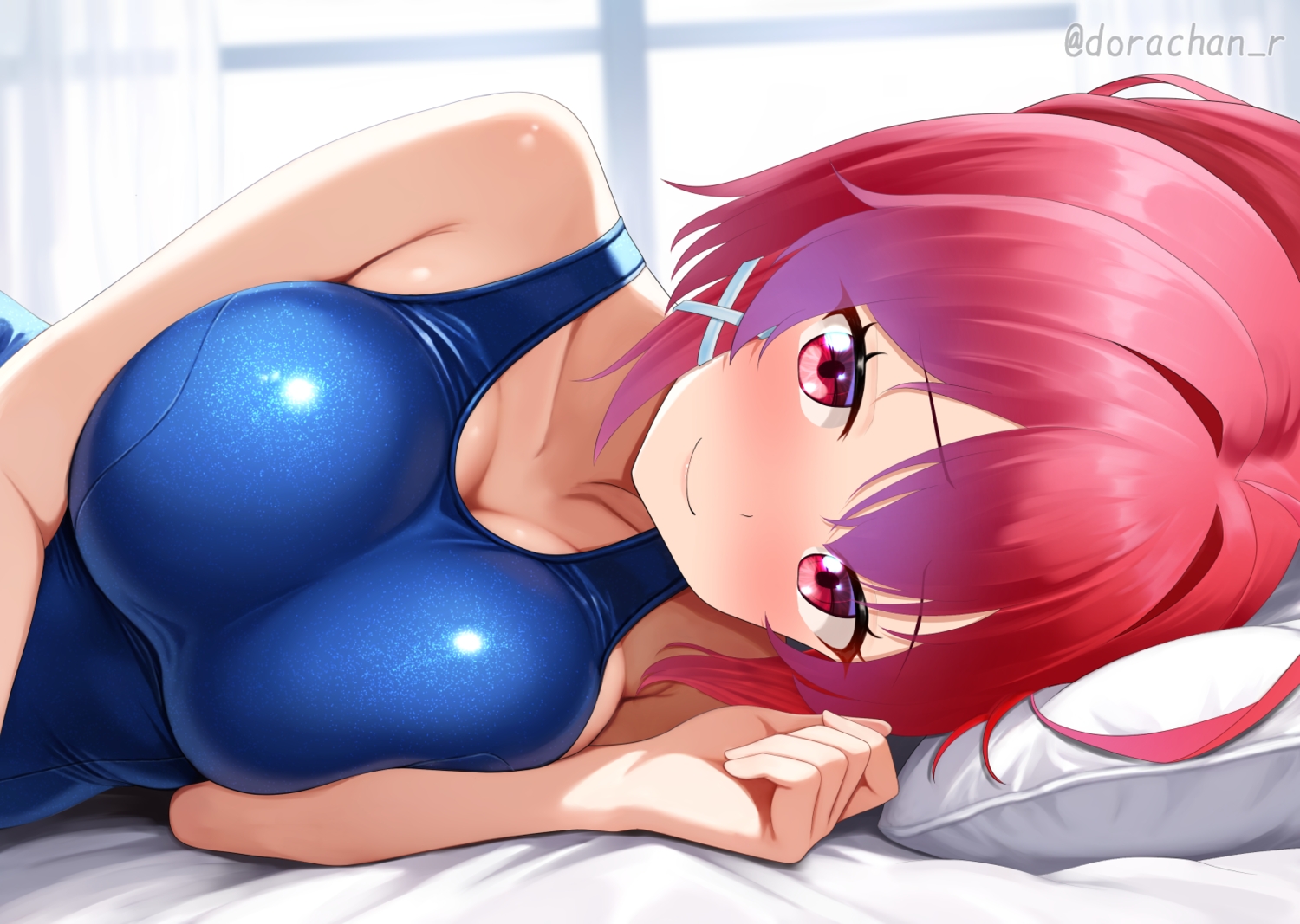 anthropomorphism, bed, blush, breast_hold, breasts, cleavage, close, dorachan_r, i-168_(kancolle), kantai_collection, red_eyes, red_hair, school_swimsuit, swimsuit, watermark