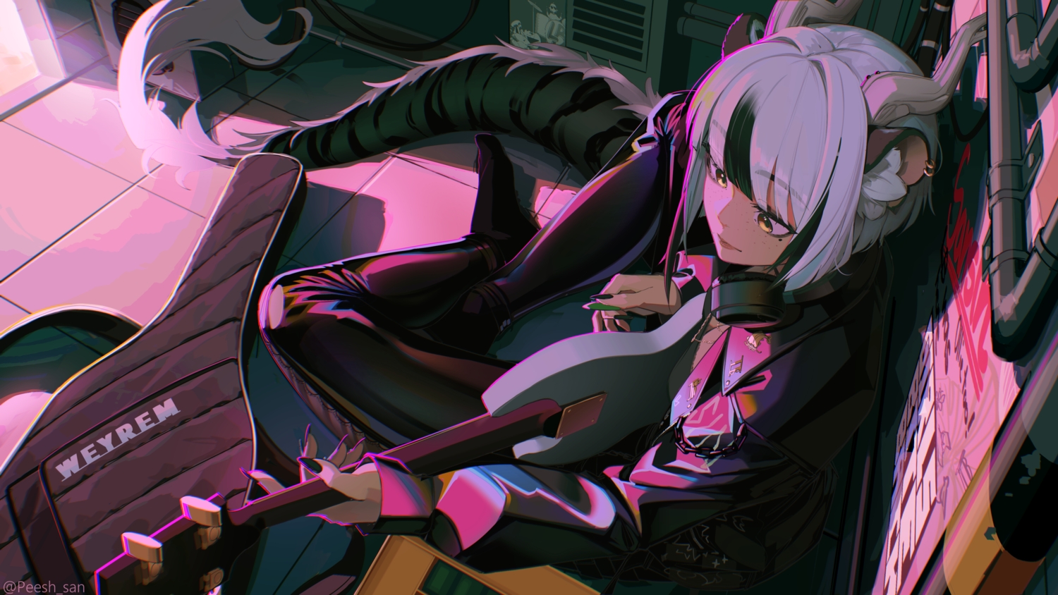 animal_ears, brown_eyes, dark_skin, gray_hair, guitar, headphones, horns, indie_virtual_youtuber