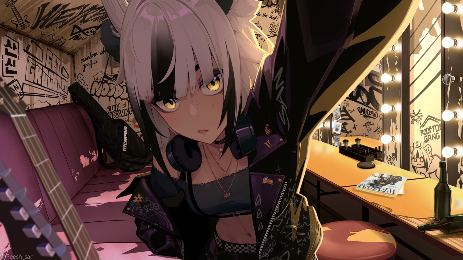 animal_ears, choker, close, dark_skin, graffiti, gray_hair, guitar, headphones