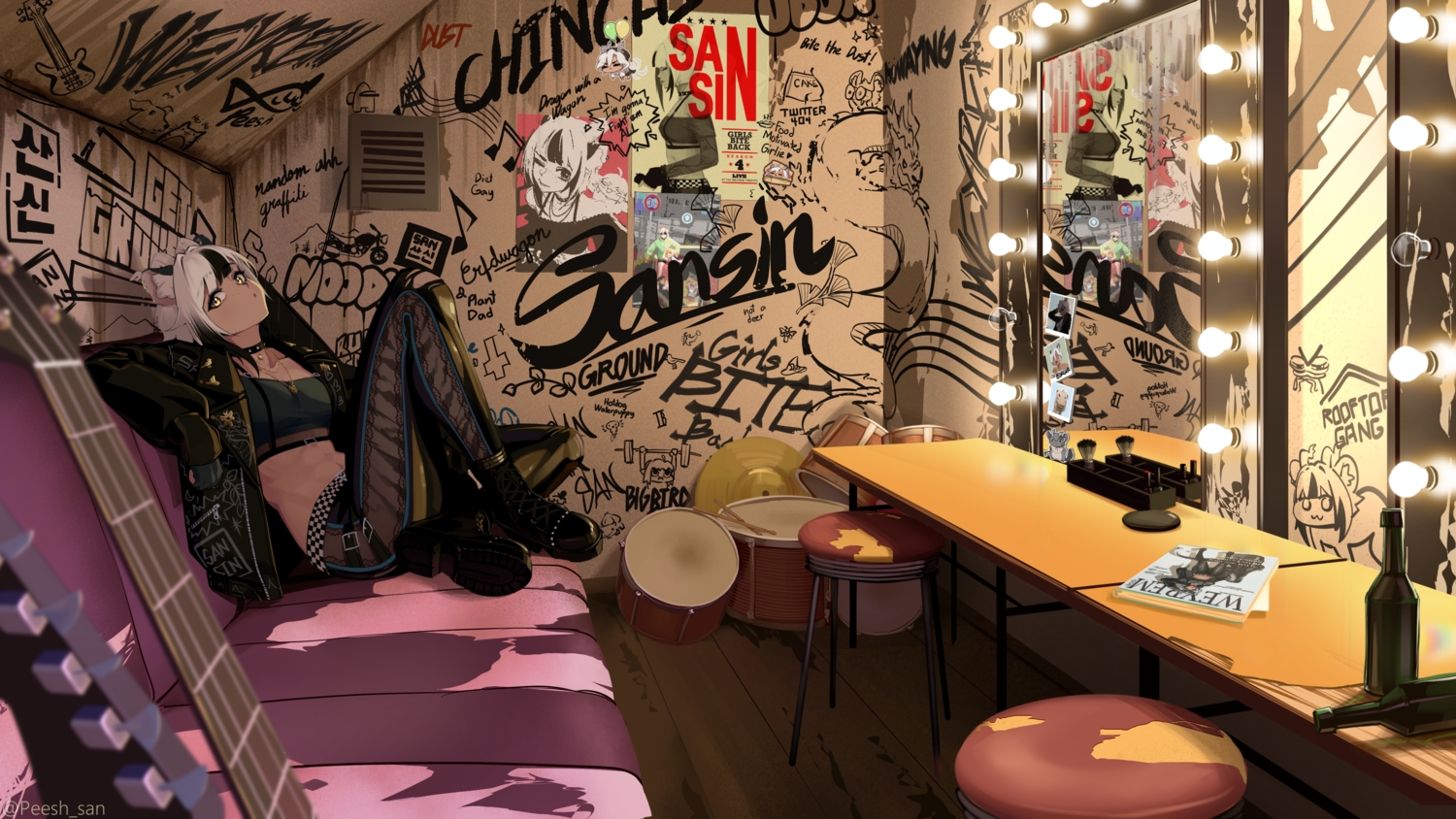 animal_ears, choker, dark_skin, graffiti, guitar, horns, indie_virtual_youtuber, instrument