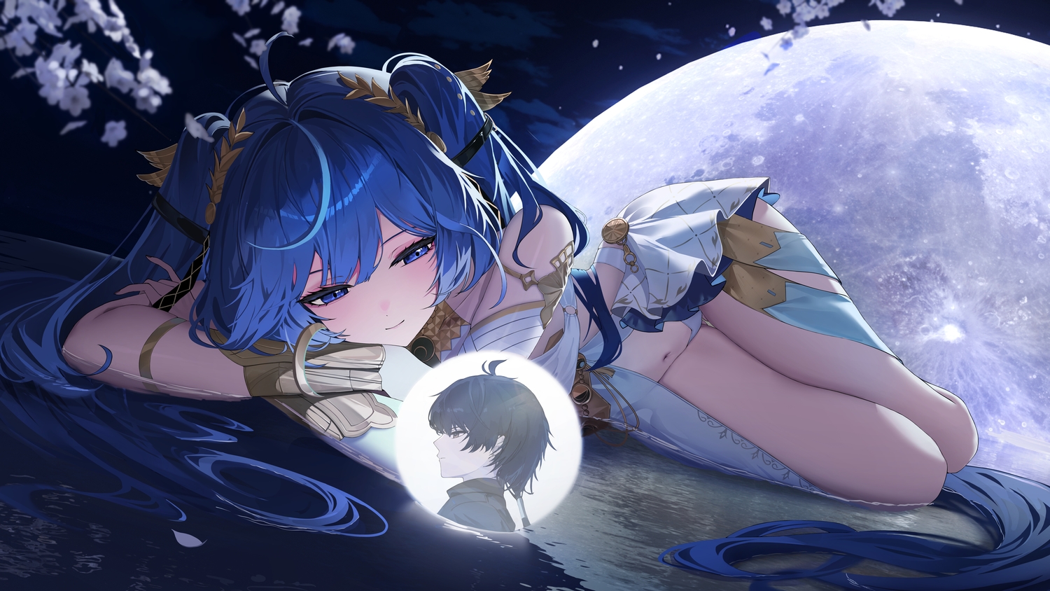 blue_eyes, blue_hair, clouds, flowers, iuno_(wuthering_waves), lemontea_(ekvr5838), long_hair, male, male_rover_(wuthering_waves), moon, navel, night, sky, twintails, water, wuthering_waves