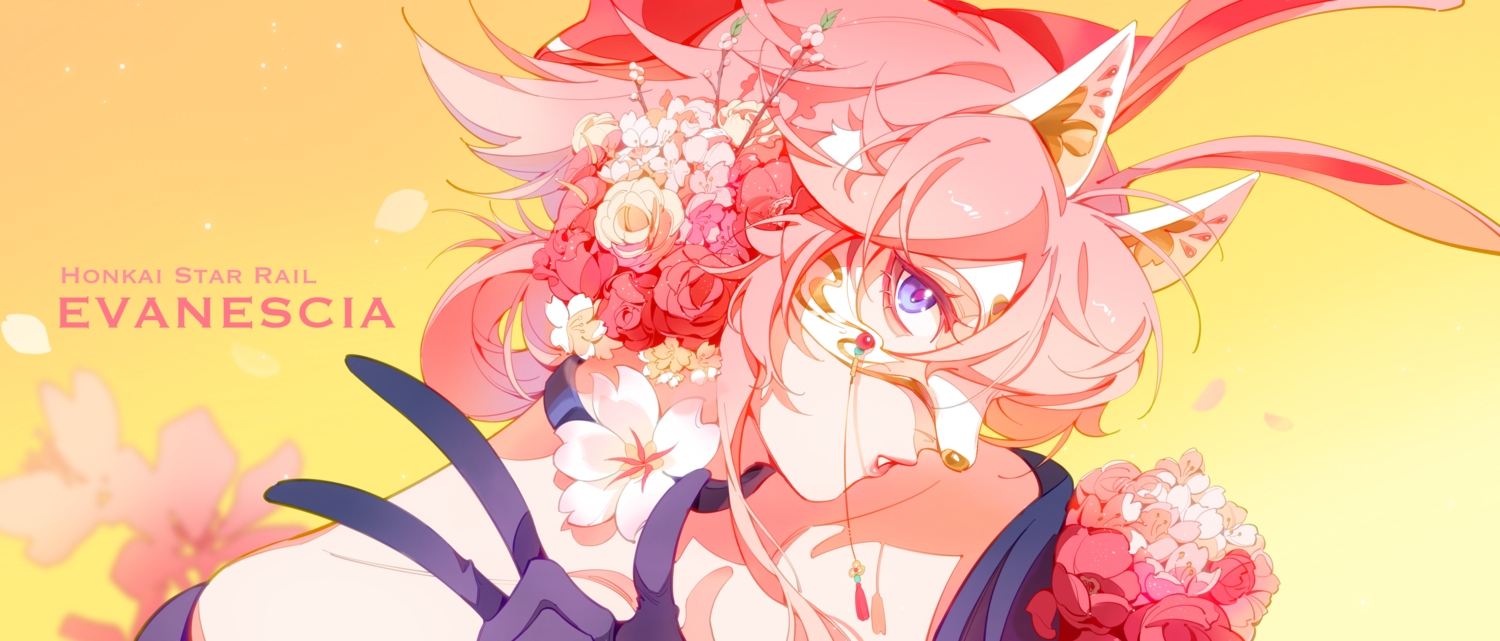 animal_ears, cherry_blossoms, choker, close, evanescia_(honkai:_star_rail), flowers, foxgirl, gradient, honkai_(series), honkai:_star_rail, mask, petals, pink_hair, purple_eyes, saskeboom, yellow