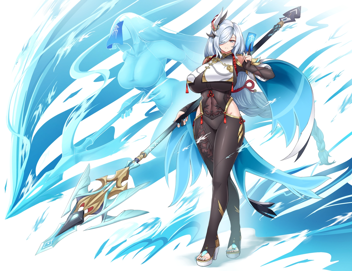 breasts, cho!cho!, genshin_impact, gray_hair, long_hair, navel, ofuda, see_through, shenhe_(genshin_impact), spear, weapon
