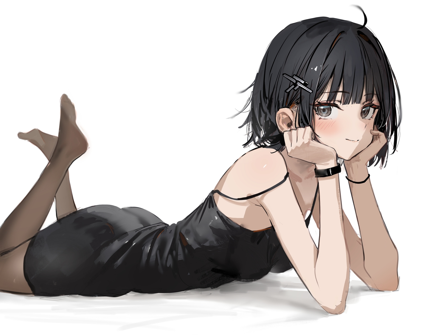arknights, arknights:_endfield, black_eyes, black_hair, blush, dress, endministrator_(arknights), hidulume, no_bra, pantyhose, short_hair, sketch, white, wristwear