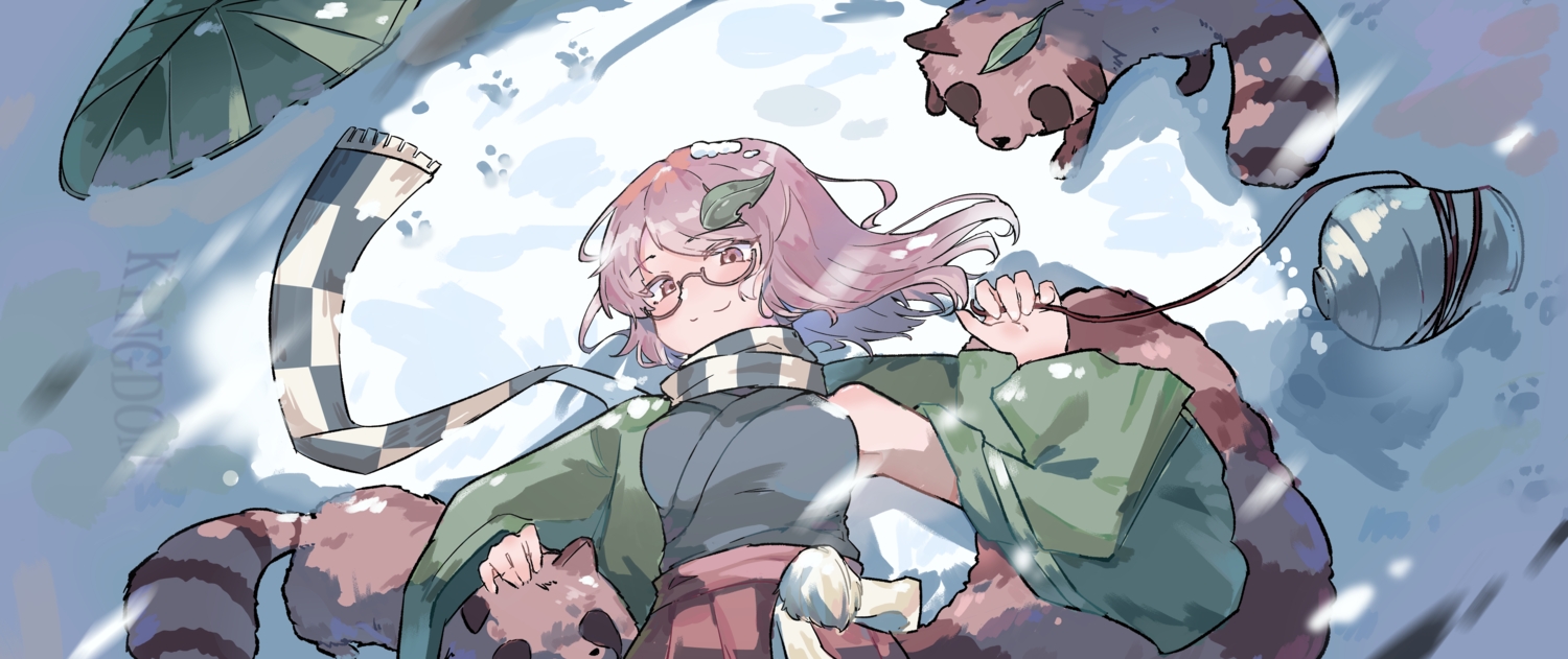 animal, brown_eyes, brown_hair, futatsuiwa_mamizou, glasses, japanese_clothes, kingdom_(user_ysav4824), scarf, short_hair, snow, touhou, watermark, winter