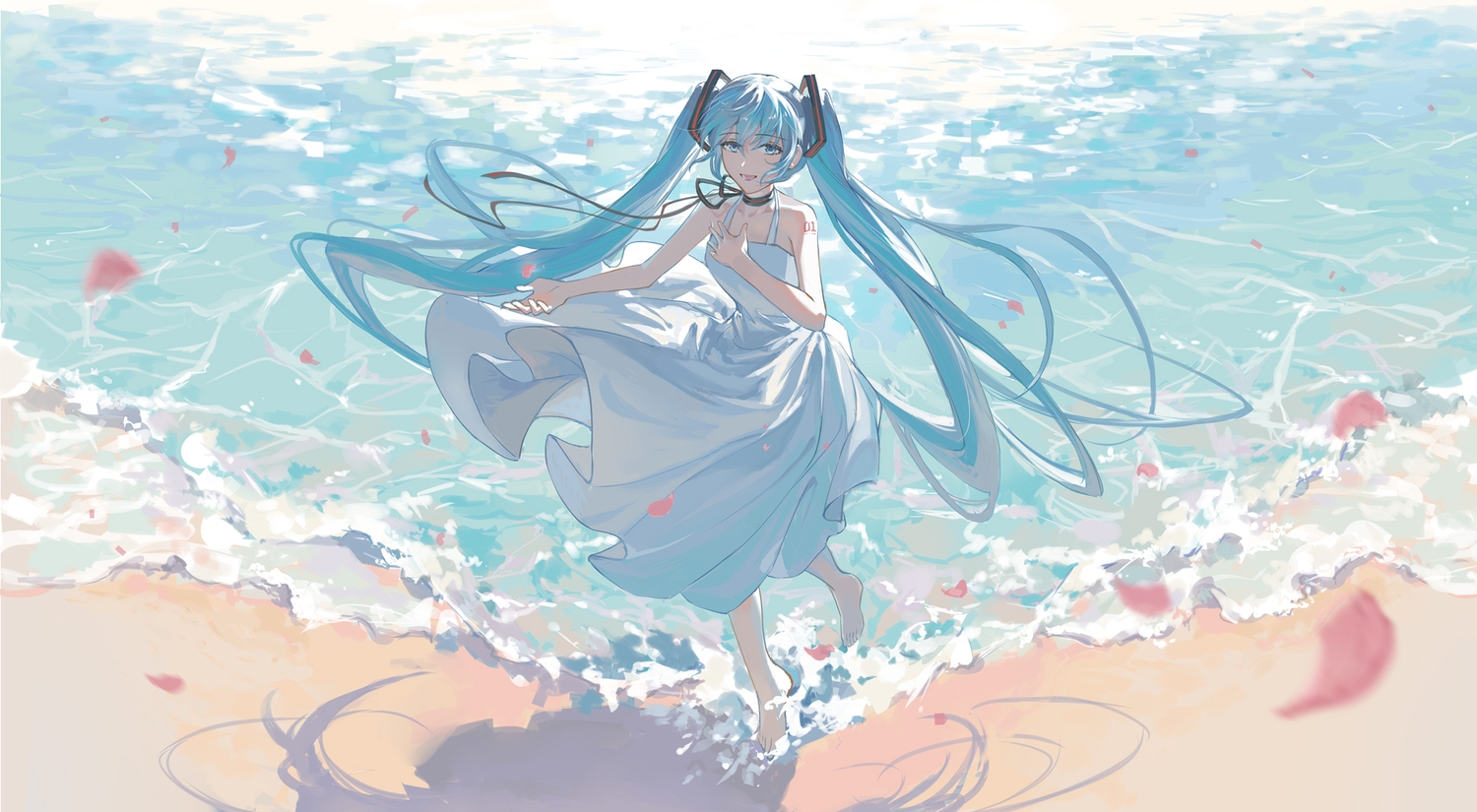 barefoot, beach, blue_eyes, blue_hair, choker, cosmwalker, dress, hatsune_miku