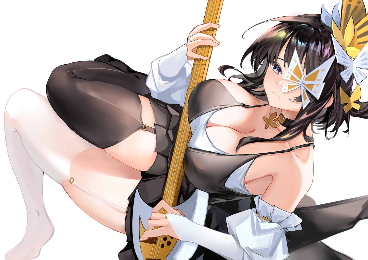 ban_tang, black_hair, blue_eyes, breasts, choker, cleavage, elbow_gloves, eyepatch, garter_belt, gloves, guitar, instrument, soul_knight, stockings, tagme_(character), white