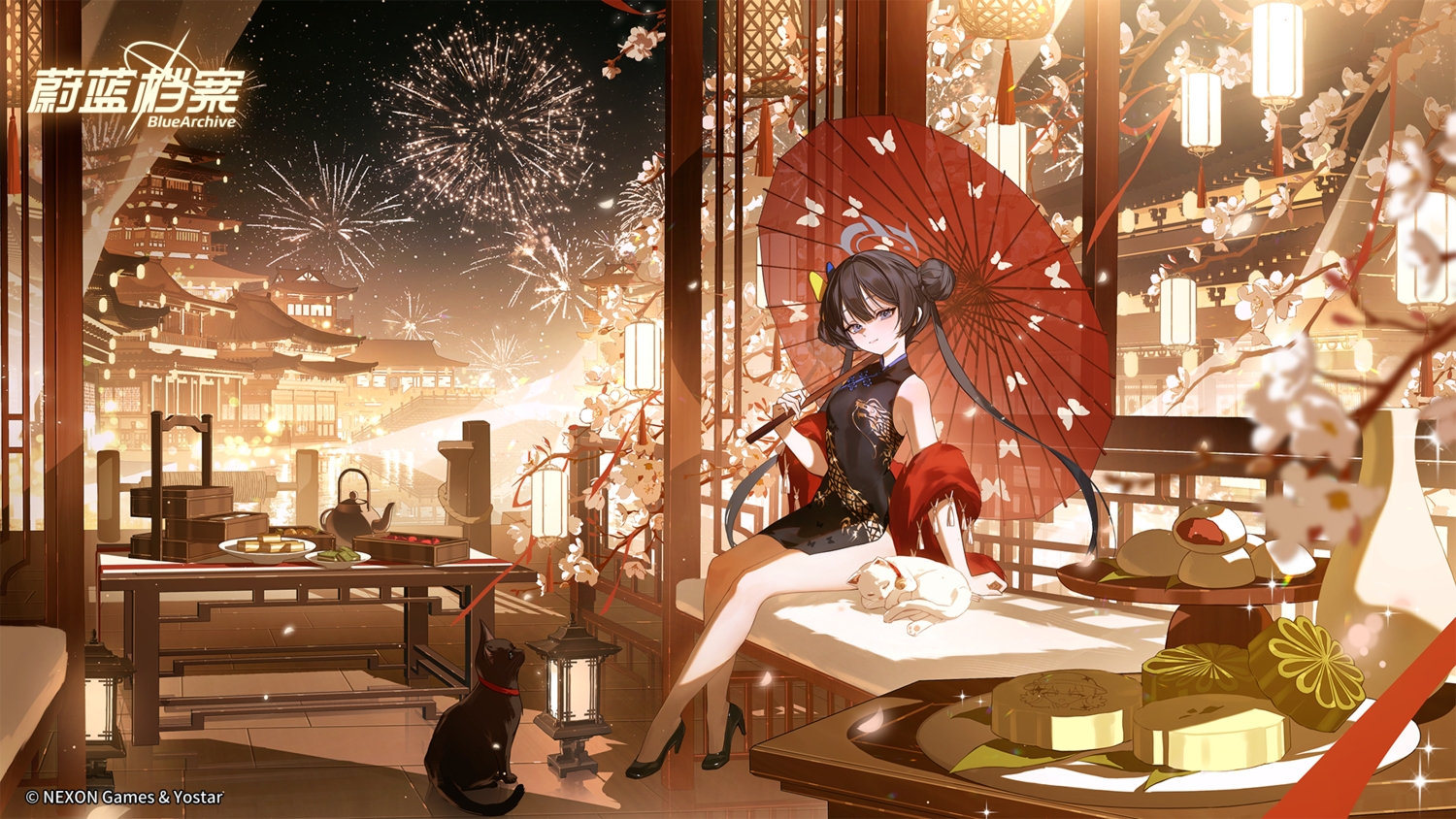 animal, black_hair, blue_archive, building, cat, cherry_blossoms, chinese_clothes, chinese_dress