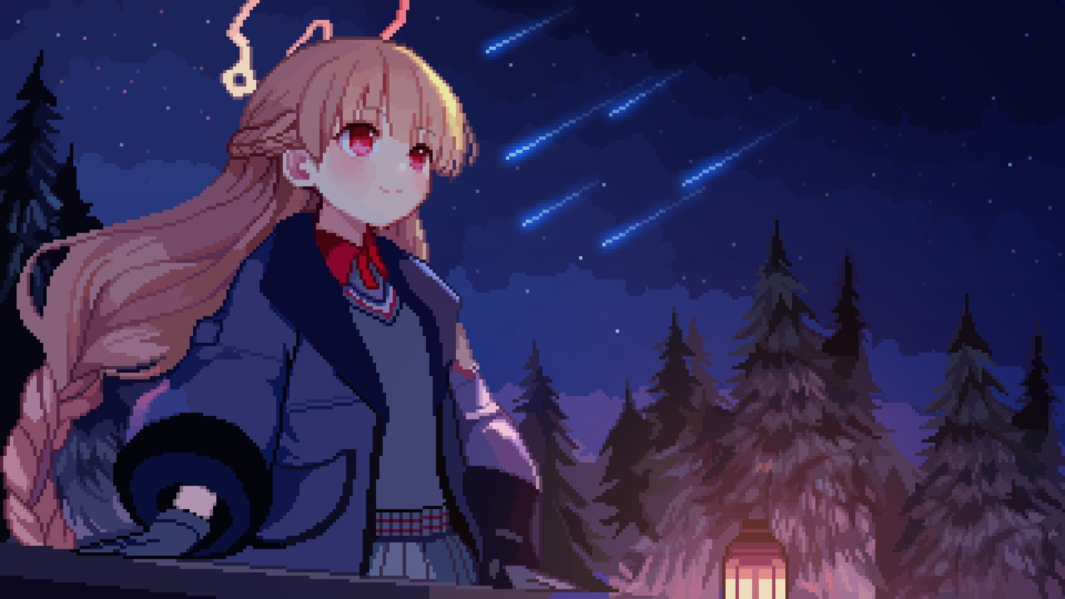 amami_nodoka, blue_archive, braids, clouds, gloves, halo, long_hair, night