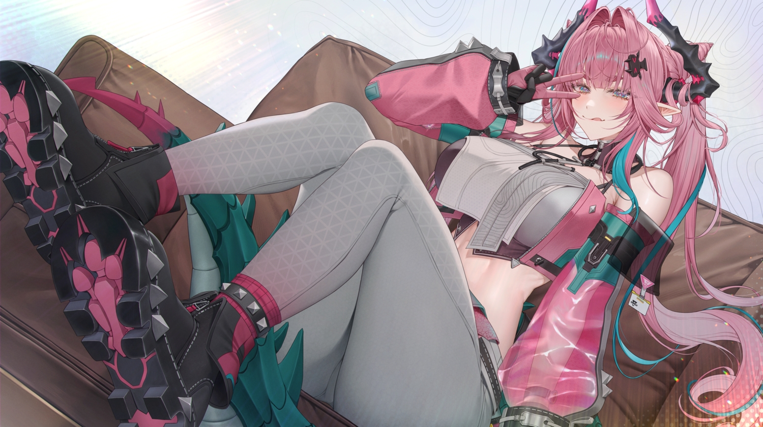 arknights, arknights:_endfield, blush, couch, gloves, horns, long_hair, nompang