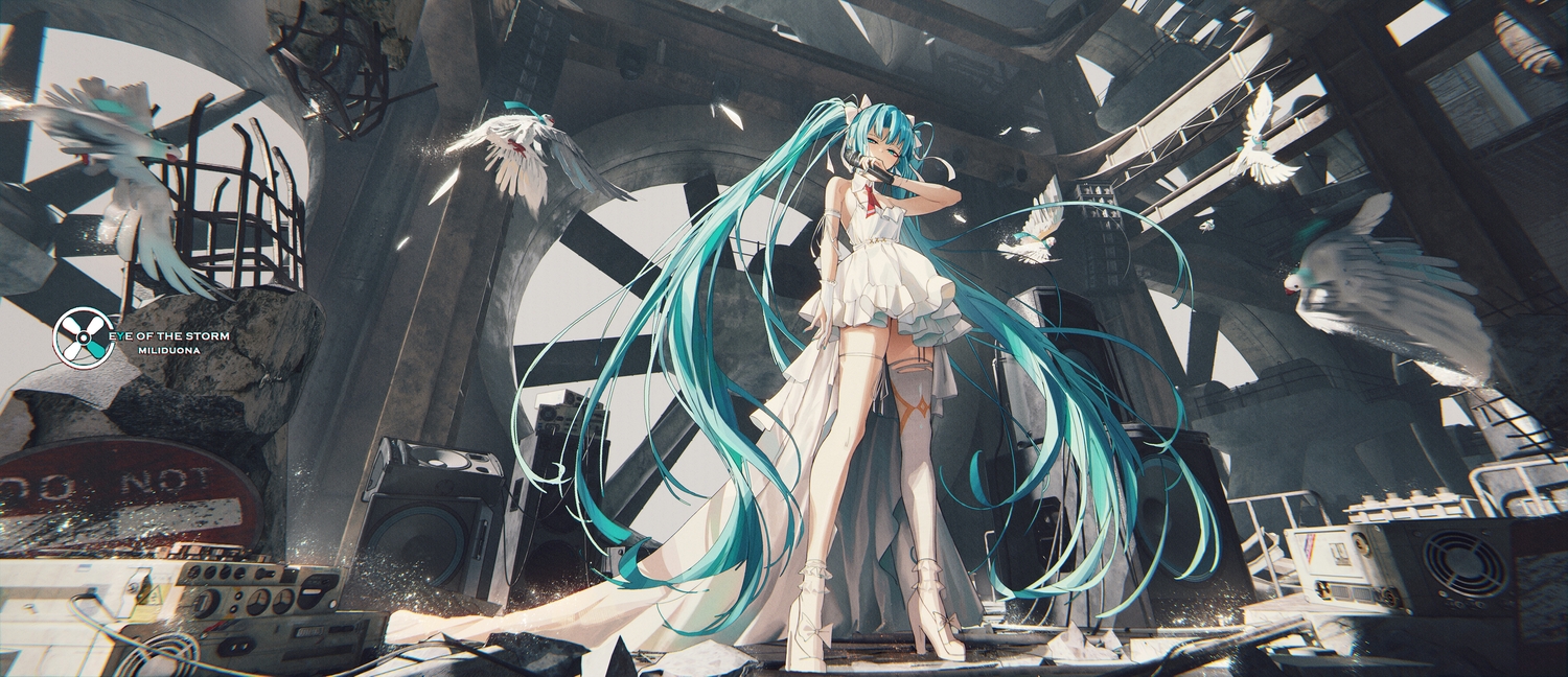 3d, animal, aqua_eyes, aqua_hair, bird, dress, duona, garter
