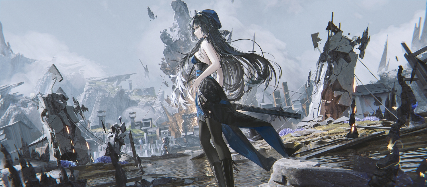3d, black_eyes, black_hair, duona, hat, long_hair, ruins, sword