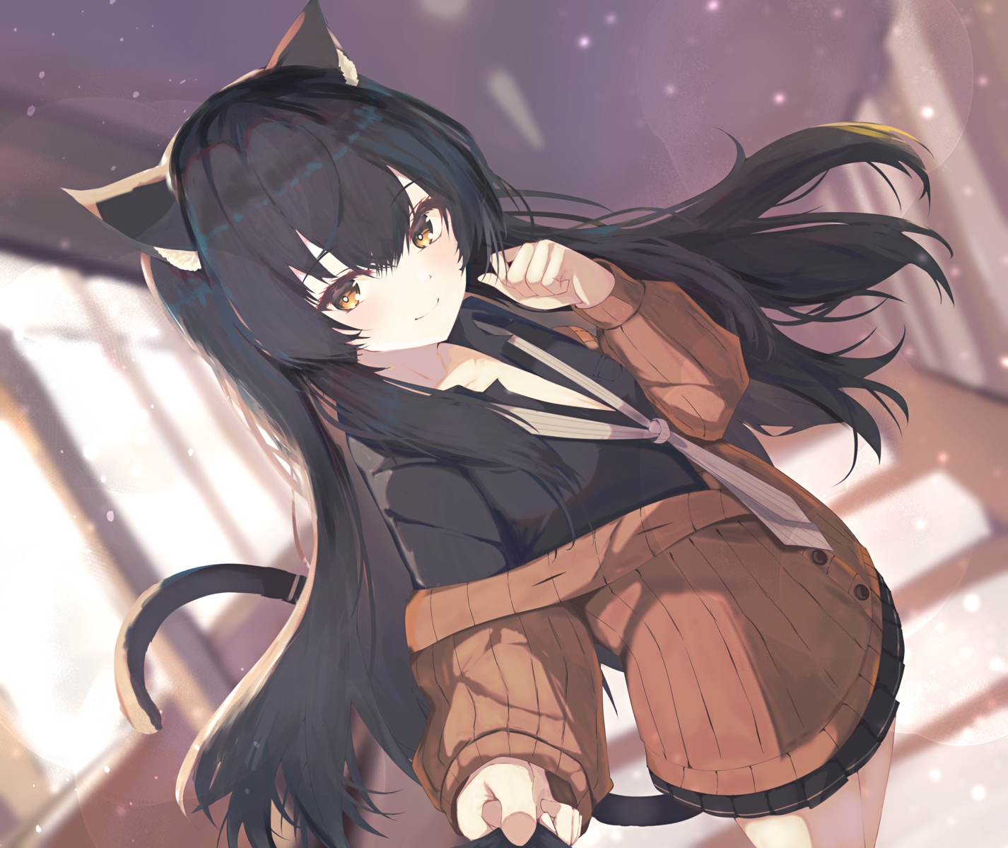 animal_ears, black_hair, blush, brown_eyes, catgirl, long_hair, natsuki_(natsu_1936), reverseblue_x_re-birthend