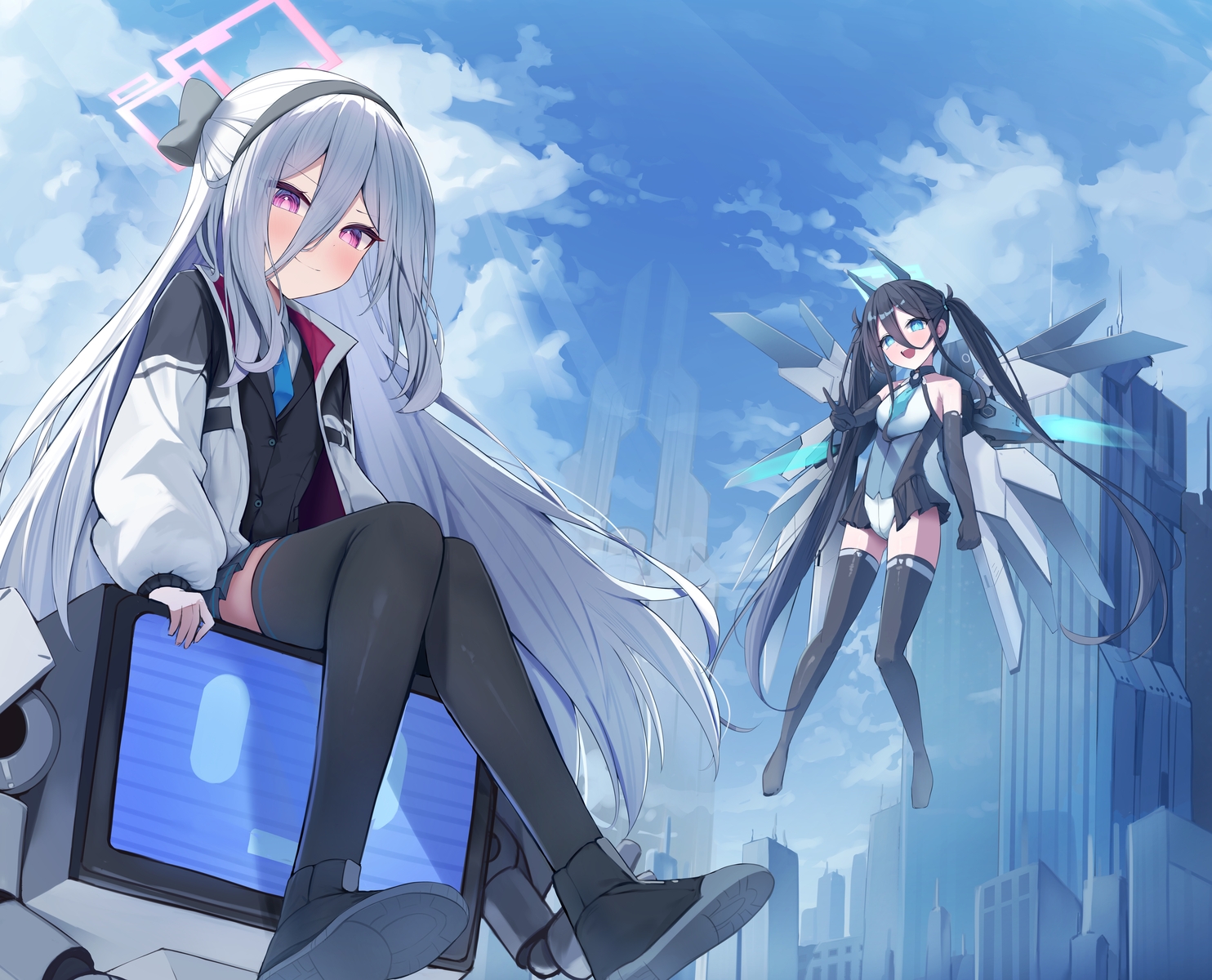 2girls, aqua_eyes, black_hair, blue_archive, blush, building, city, clouds