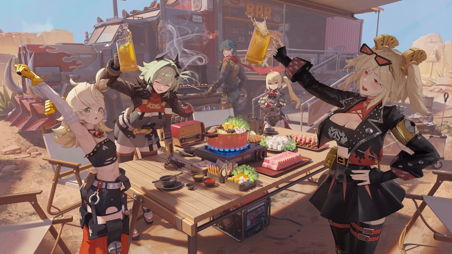 3d, blonde_hair, blush, brown_eyes, burnice_white, caesar_king_(zenless_zone_zero), car, drink