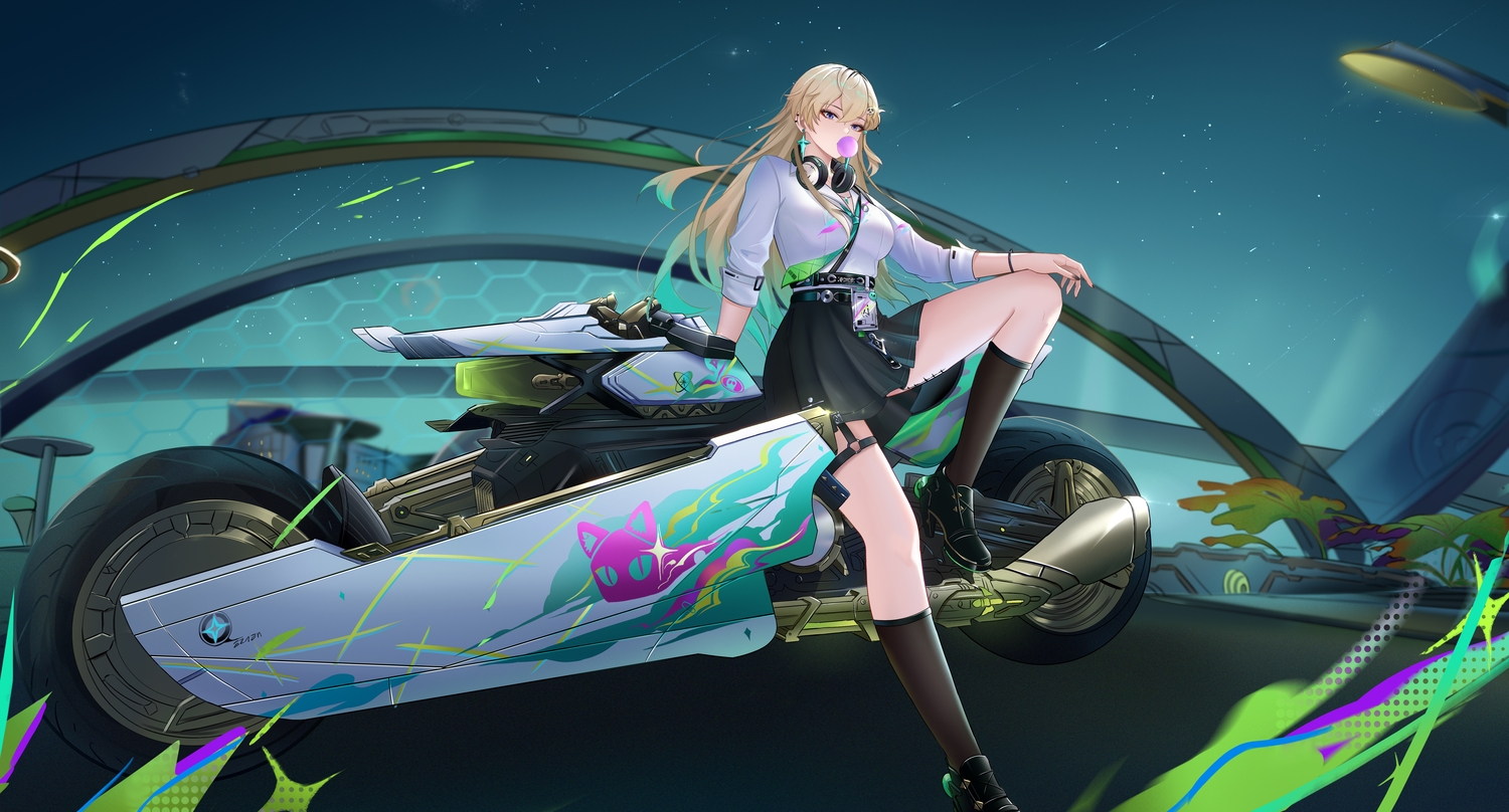 aliasing, blonde_hair, candy, garter, headphones, kneehighs, long_hair, lynae_(wuthering_waves)