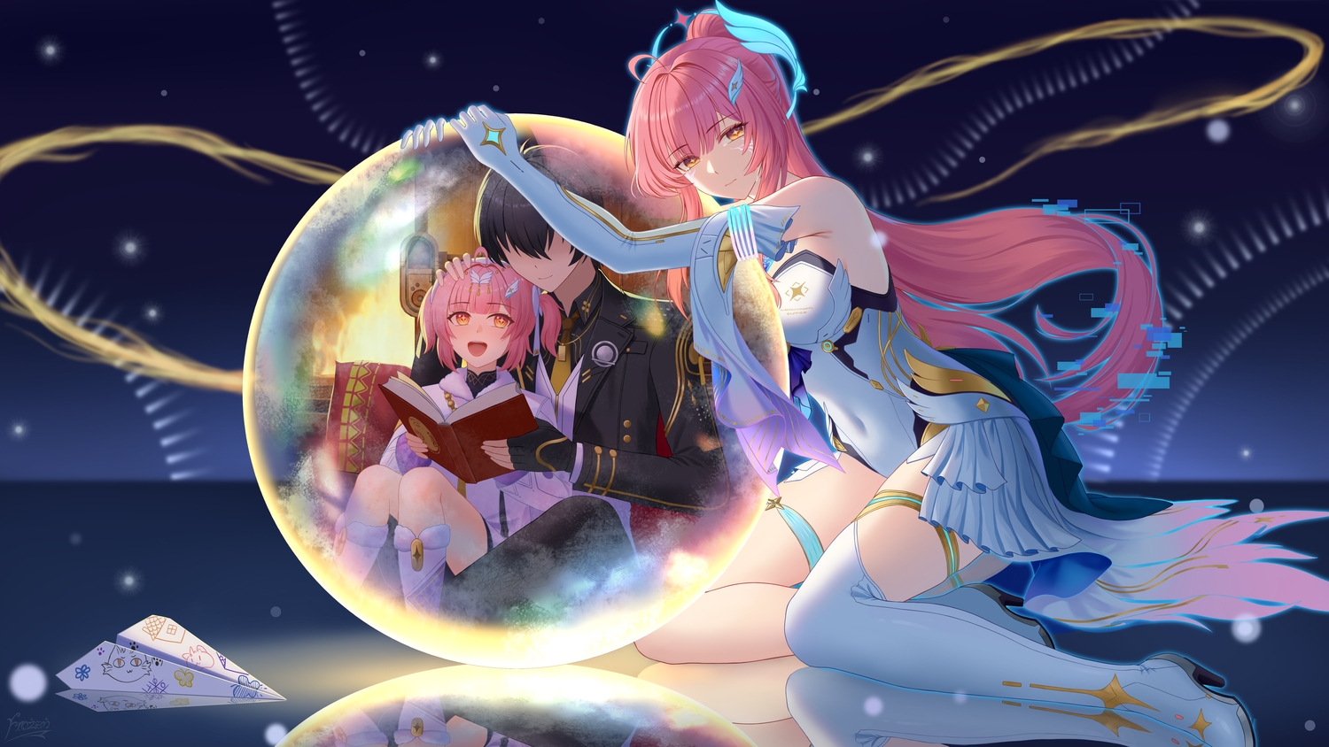 aemeath_(wuthering_waves), boots, elbow_gloves, frozen-sad, garter, gloves, loli, long_hair, male, male_rover_(wuthering_waves), orange_eyes, pink_hair, reflection, thighhighs, wuthering_waves