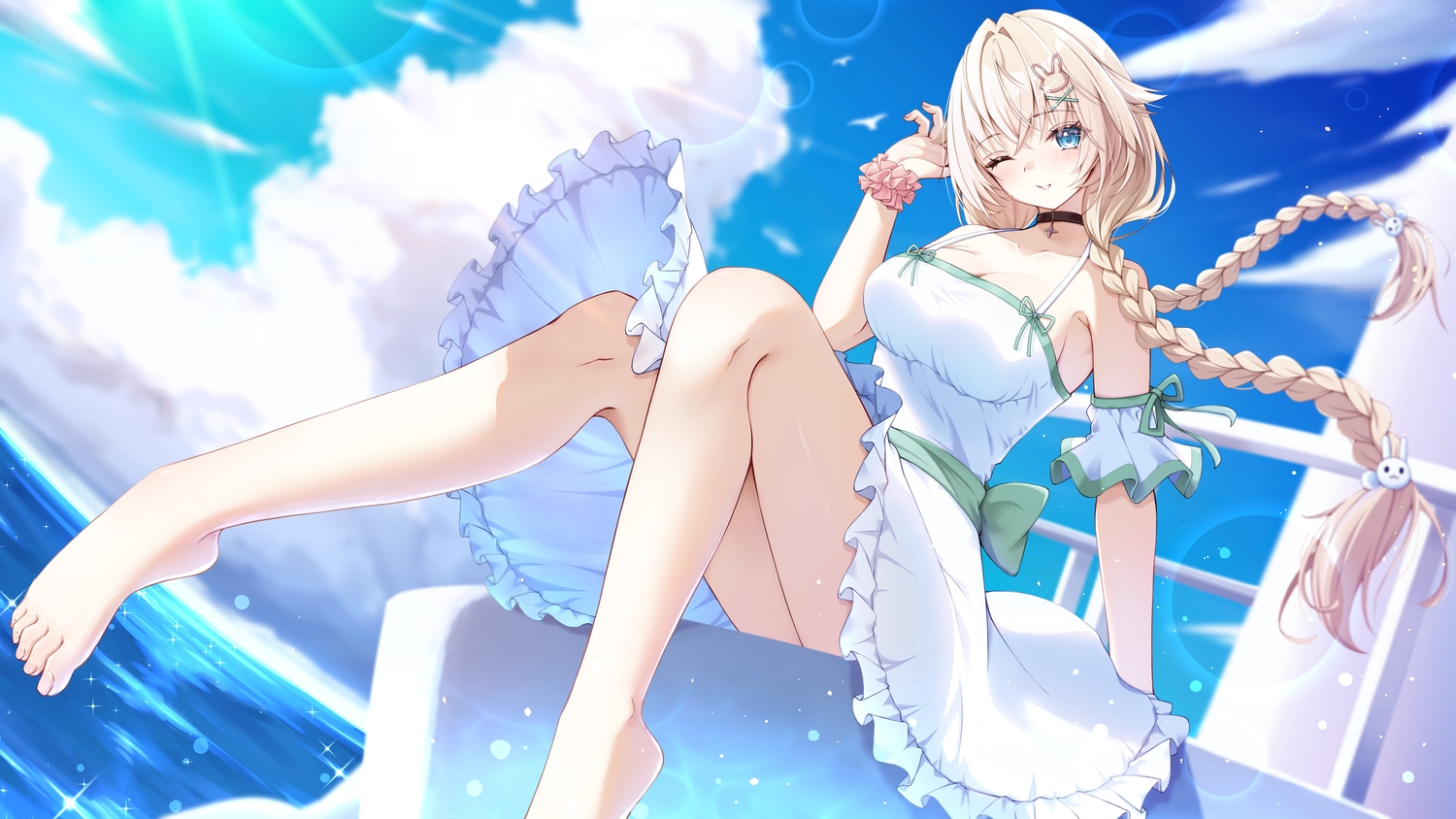 barefoot, blonde_hair, blue_eyes, braids, choker, clouds, dress, indie_virtual_youtuber