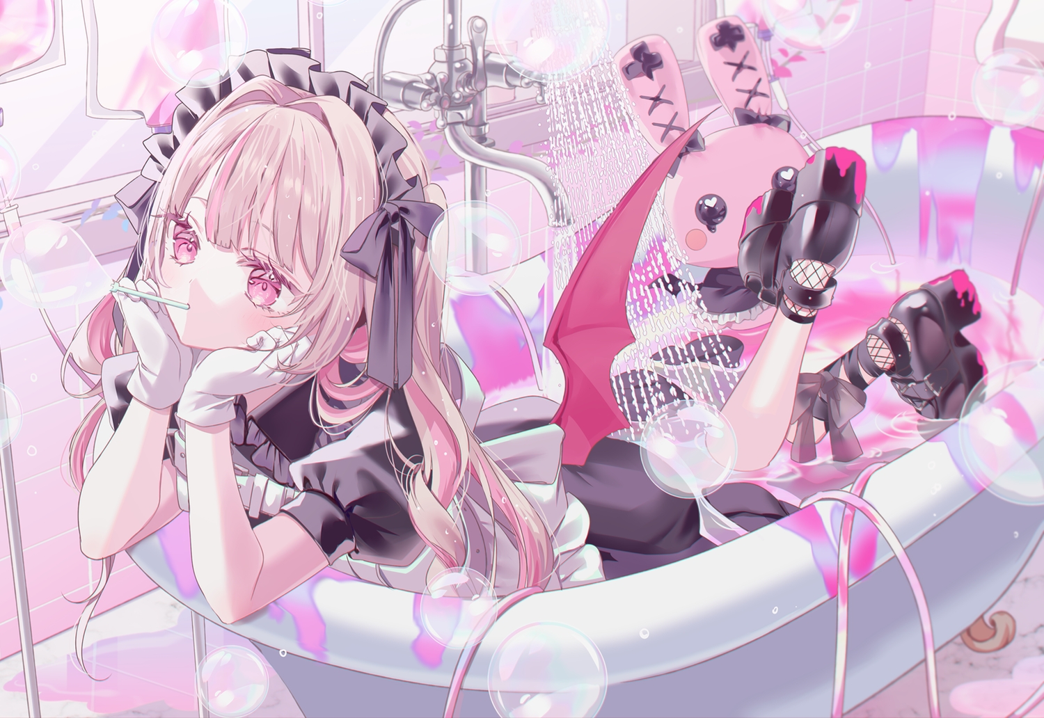 bath, bathtub, brown_hair, bubbles, bunny, gloves, goth-loli, headband