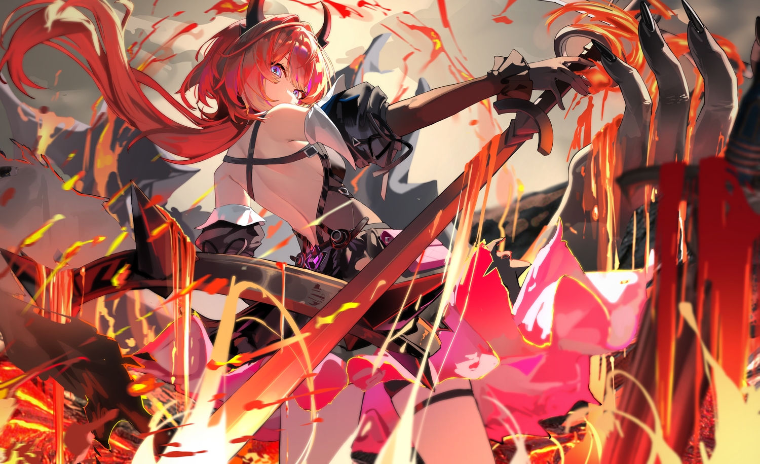 arknights, arknights:_endfield, dress, fire, garter, gloves, horns, laevatein_(arknights)
