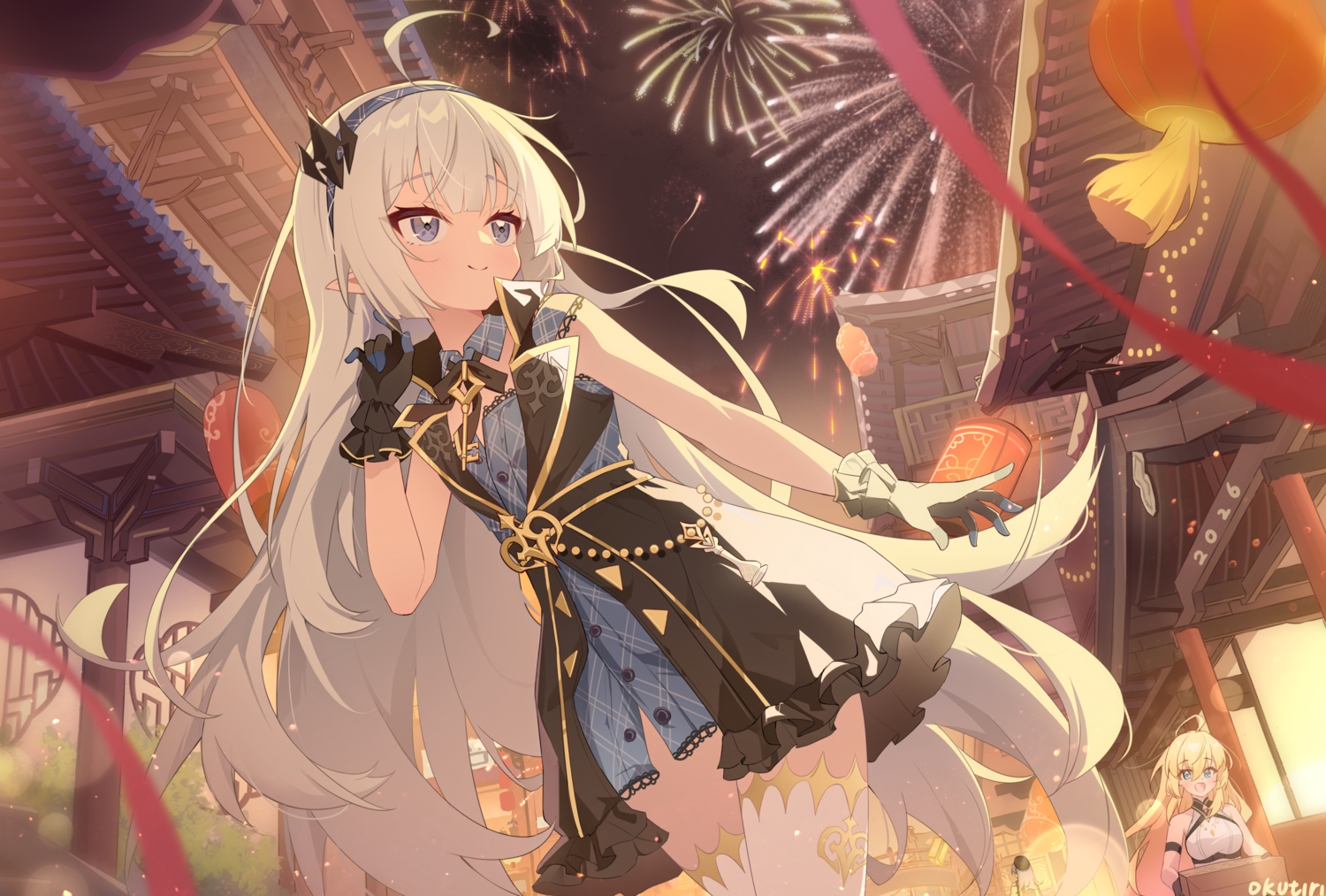 blue_eyes, blush, bow, building, dress, exusiai_dust, female_tyrant_(stella_sora), fireworks