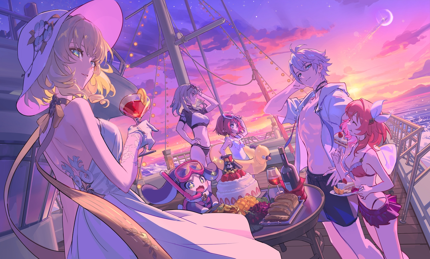 aglaea_(honkai:_star_rail), bikini, blonde_hair, blue_eyes, butyou_(mika1412), clouds, cyrene_(honkai:_star_rail), dress
