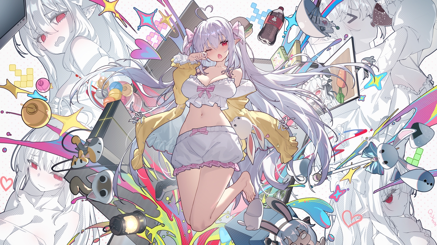 a_simple_life_with_my_unobtrusive_sister, barefoot, bloomers, blush, book, bow, breasts, bunny, cleavage, drink, food, gray_hair, long_hair, navel, pointed_ears, qys3, red_eyes, tagme_(character), twintails