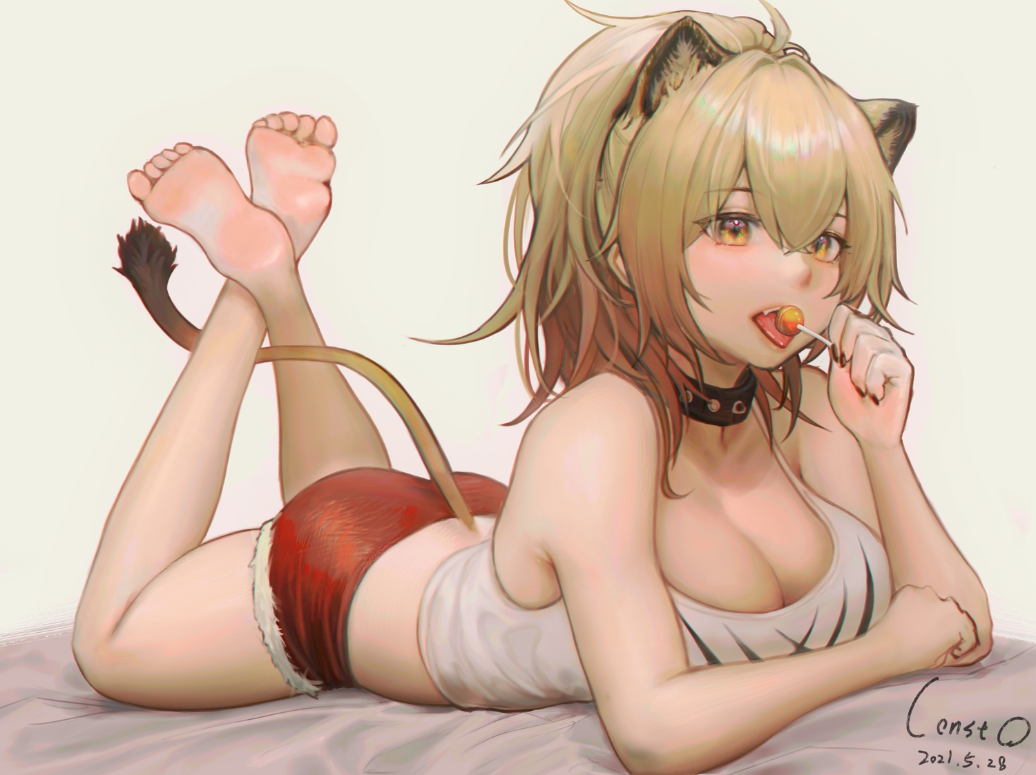 animal_ears, arknights, ass, barefoot, bed, blonde_hair, candy, catgirl