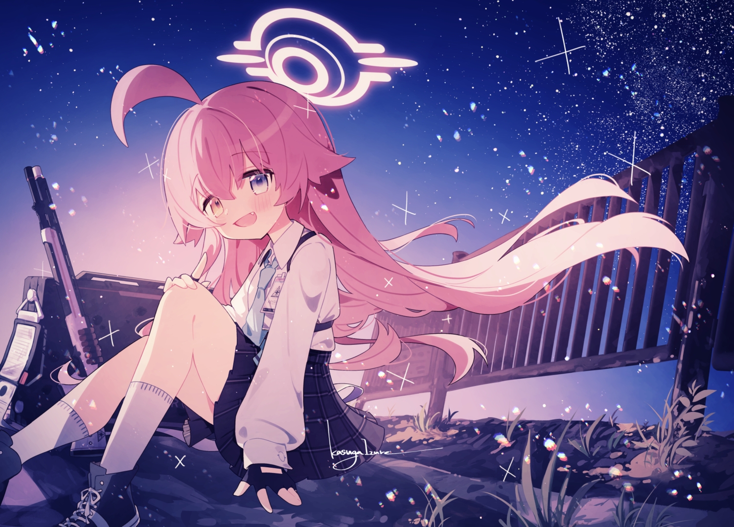 bicolored_eyes, blue_archive, blush, fang, gloves, grass, gun, halo