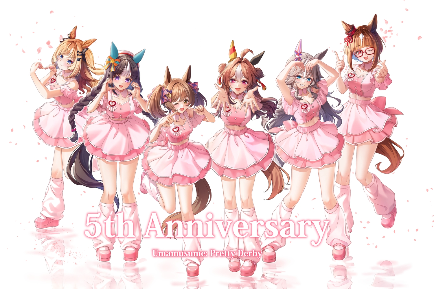 animal_ears, anthropomorphism, blush, braids, brown_hair, copano_rickey_(umamusume), espoir_city_(umamusume), glasses, gray_hair, group, hat, hokko_tarumae_(umamusume), kneehighs, long_hair, petals, pink_eyes, purple_eyes, red_eyes, reflection, rukinya_(nyanko_mogumogu), short_hair, skirt, smart_falcon_(umamusume), tail, transcend_(umamusume), twintails, uma_musume:_pretty_derby, wink, wonder_acute_(umamusume), yellow_eyes