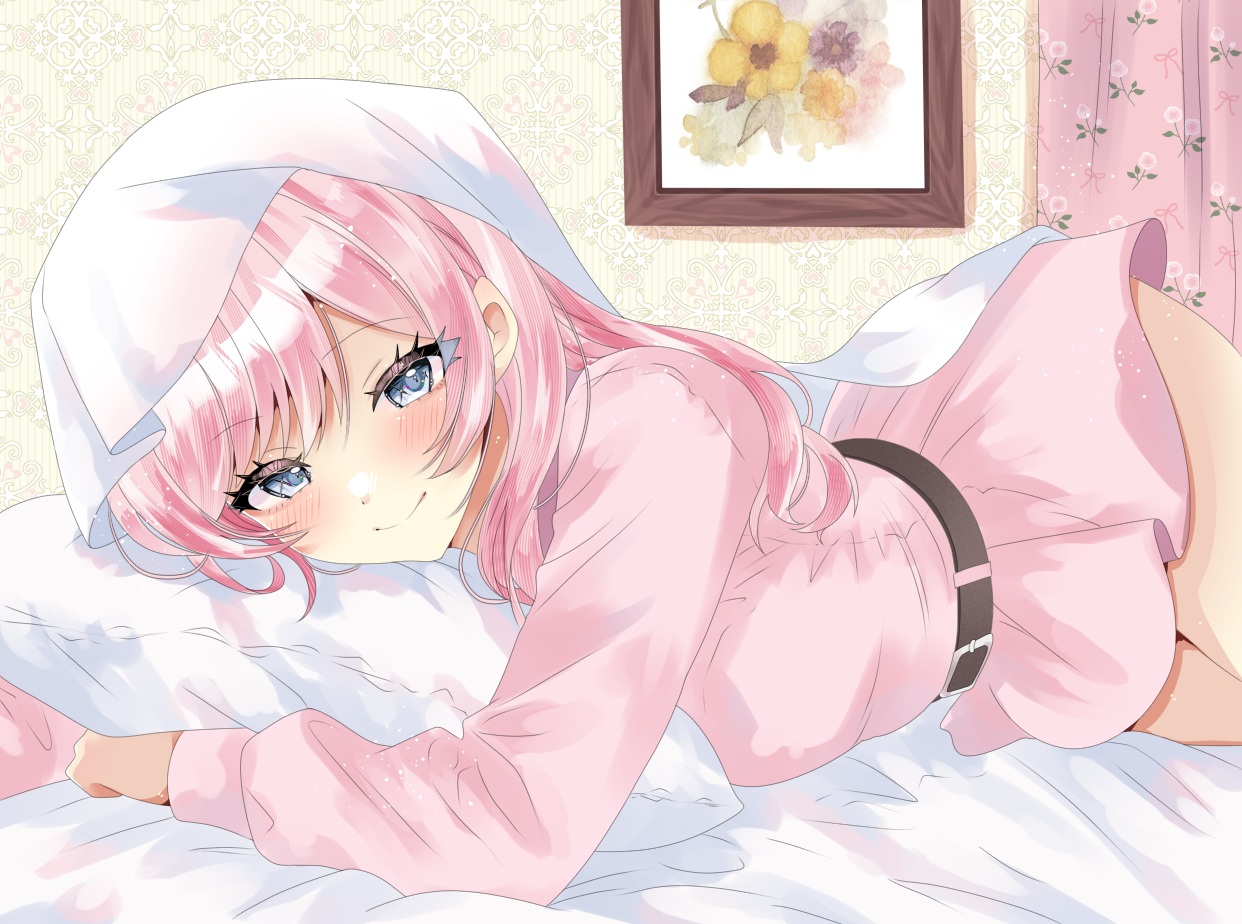 aliasing, bed, blue_eyes, blush, dress, long_hair, pink_hair, rota_kokko